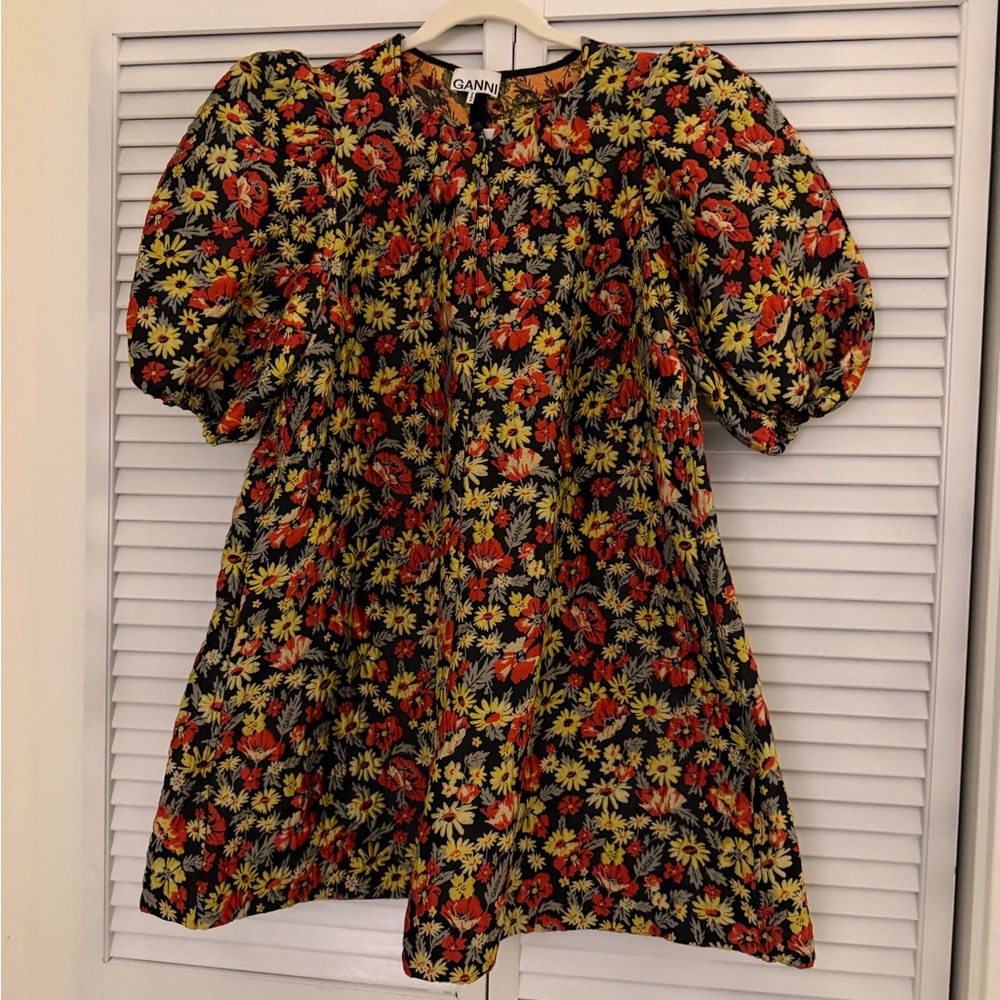 Ganni Black Floral Mini Dress with Red & Yellow Flowers - Picture 3 of 6